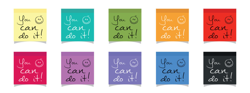 Post Note You Can Do It Sticker Template Set - Colorful Vector Sticky Note Illustrations Isolated On White Background
