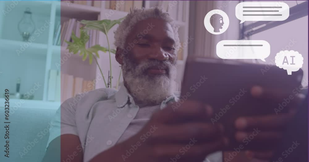 Poster animation of ai chat data processing over african american man using tablet