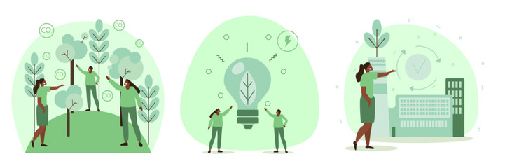 Vector illustrations in flat design style on the theme of environmental protection. Renewable energy, clean air, cleaner production, happy people in a clean environment