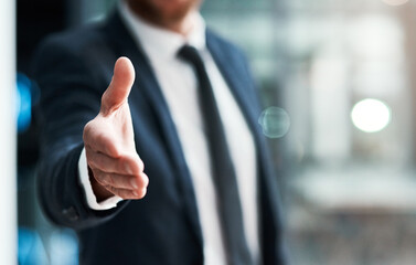 Handshake, offer and success of business man partnership, agreement or introduction, hiring and...