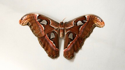 closeup shot of an adult beautiful atlas moth insect specimen, the largest moth, with its wings...