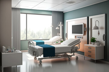 Hospital Medical Room Interior With Comfortable Beds And Big Windows - Generative AI