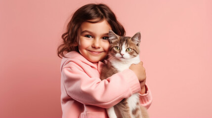 A studio portrait showcases a smiling girl lovingly embracing her feline friend. Generative AI