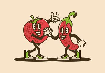 Vintage character design of tomato and chili
