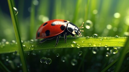 Ladybug sitting on a blade of grass after rain. Generative AI