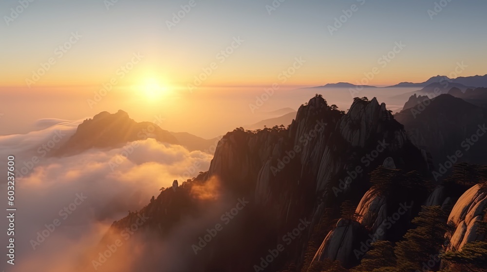 Poster the sun is setting over a mountain range with fog in the foreground. generative ai