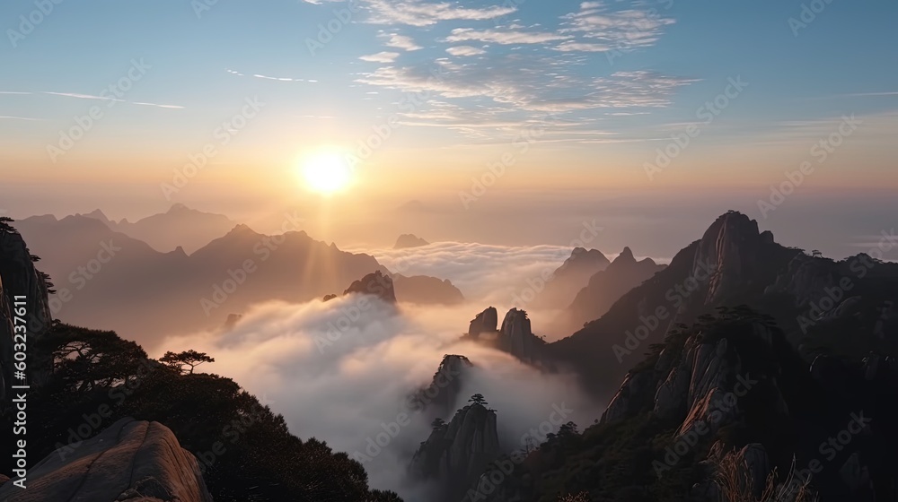Poster the sun is setting over the mountains covered in fog and clouds. generative ai
