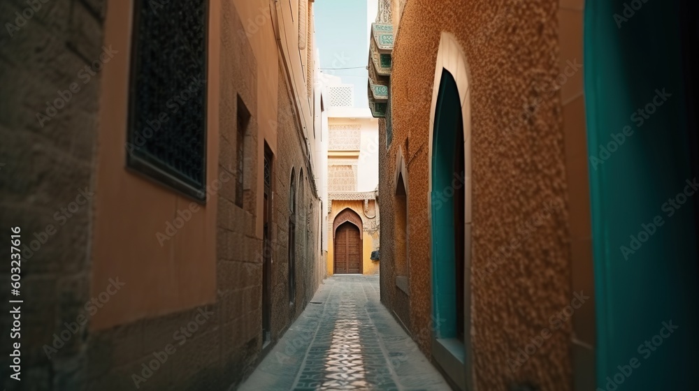 Poster a narrow alley way with a clock on the side of the building. generative ai