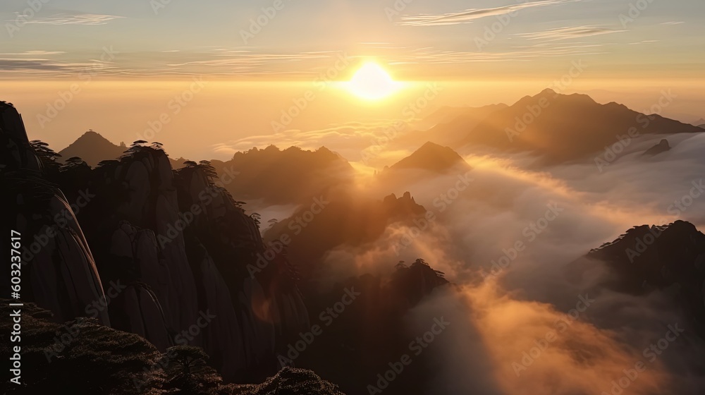 Poster the sun is setting over a mountain range with low lying clouds. generative ai