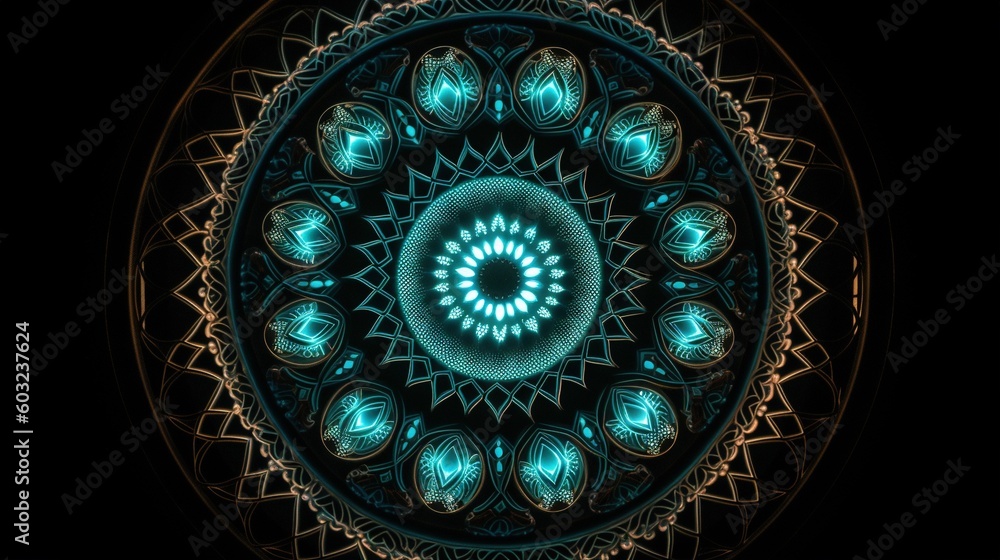 Poster a circular design with a blue center surrounded by smaller circles. generative ai