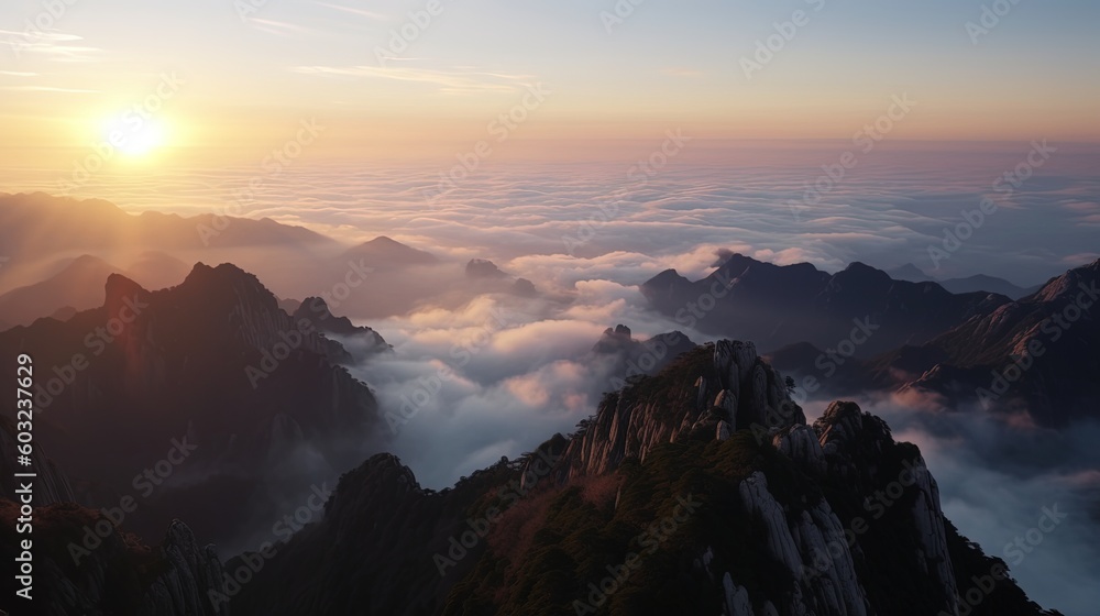 Poster the sun is setting over a mountain range with low lying clouds. generative ai
