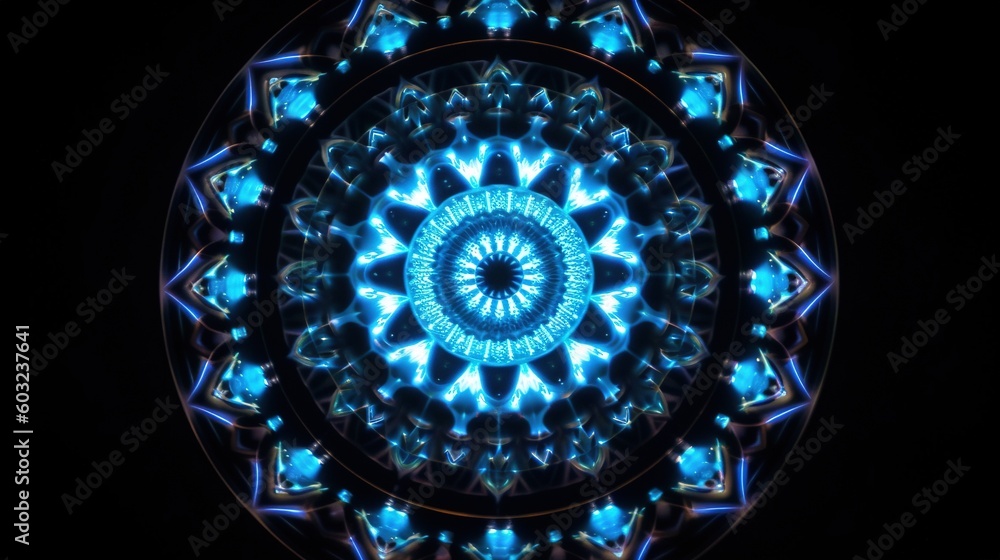 Poster a blue and black circular pattern with a black background and a black background. generative ai