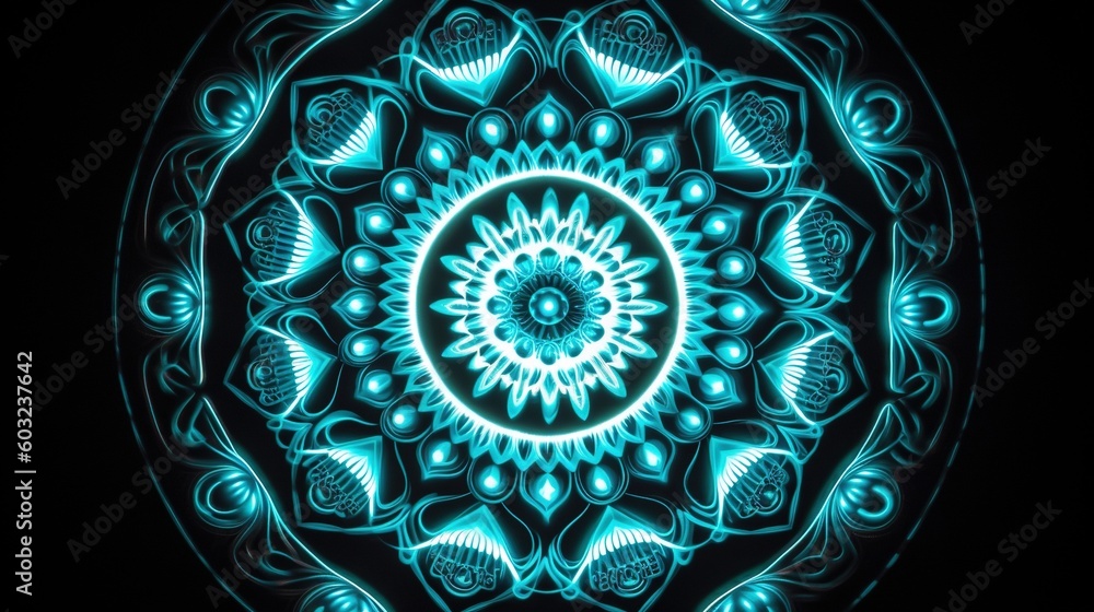Poster a blue and green circular pattern on a black background with a black background. generative ai