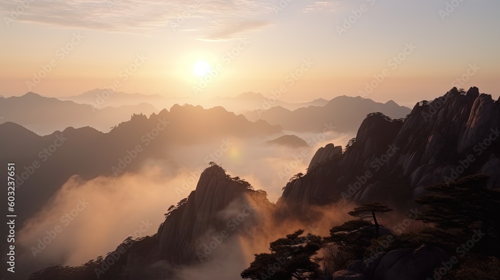 Poster the sun is setting over a mountain range with fog in the air. generative ai