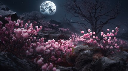 a night scene with pink flowers and a full moon in the sky.  generative ai