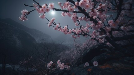  a full moon shines in the sky above a tree with pink flowers.  generative ai