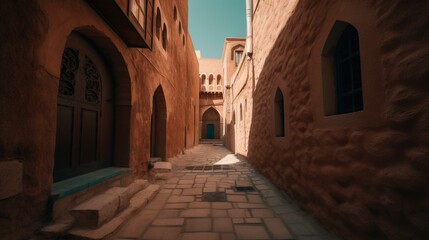 Fototapeta na wymiar a narrow alley way with a stone walkway between two buildings. generative ai