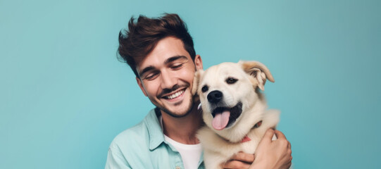 A young man joyfully hugs his dog in this heartwarming studio photo. Generative AI