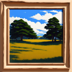 Generative AI, Art oil painting style outdoor season blue sky and white clouds forest trees