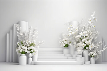 Flowers 3D render of empty podium isolated on White background abstract for display product. Generative Ai.