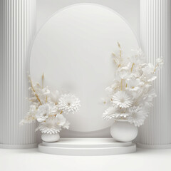 Fototapeta na wymiar White flowers 3D render of empty podium isolated on White background abstract.
