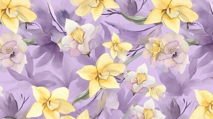 Fototapeta na wymiar a watercolor painting of yellow and purple flowers on a purple background. generative ai