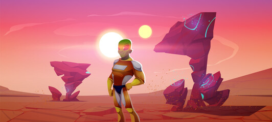 Alien on fantasy planet in space vector landscape background. Mars desert ground illustration with moon and sun landscape. Red martian surface and rock terrain with sand. Cosmic game character.