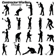 Contractor worker silhouettes vector illustration set.