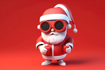  Happy Santa Claus wearing VR headset and holding a gift box on red background image, generative AI