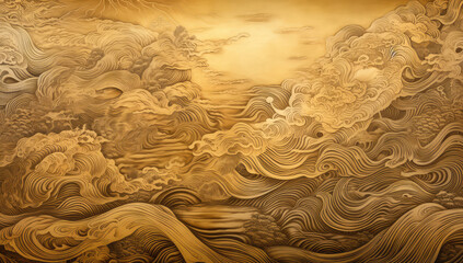 a gold painting with a lot of water in it, in the style of japanese traditional, generative AI
