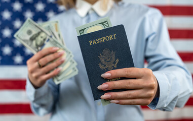 tourist woman on vacation holding United States passport with dollars very happy and excited.