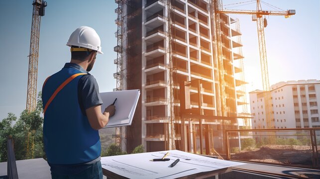 Civil architect engineer engaged in inspecting project plans while working outdoors on the site. Engineering profession concept. The importance of meticulous project oversight. Generative AI