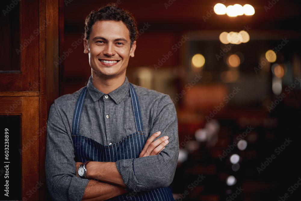 Poster Portrait, man and small business owner of cafe, restaurant or pub with a smile for career pride. Male entrepreneur person as manager, barista and waiter or bartender at door for shop welcome greeting