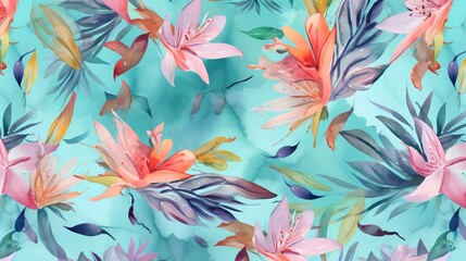 Fototapeta na wymiar a watercolor painting of flowers and leaves on a blue background. generative ai