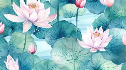  a painting of pink water lilies and green leaves on a blue background.  generative ai