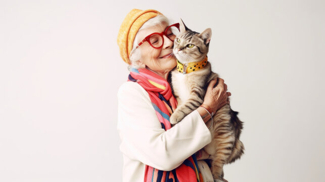 A beautiful senior woman hugging her loyal cat on a white studio background. Generative AI