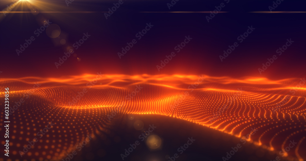 Poster abstract orange energy surface with magic waves of particles and points with an endation background 