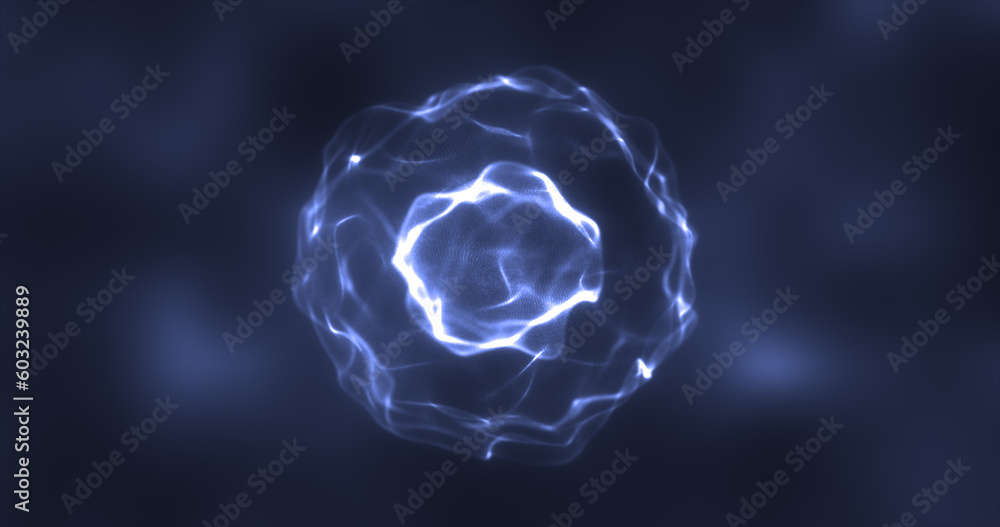 Poster abstract blue energy round sphere glowing with particle waves hi-tech digital magic abstract backgro