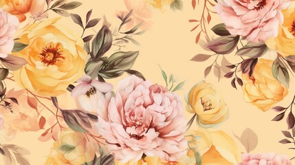  a yellow and pink floral wallpaper with lots of flowers.  generative ai