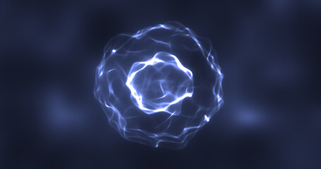 Abstract blue energy round sphere glowing with particle waves hi-tech digital magic abstract background