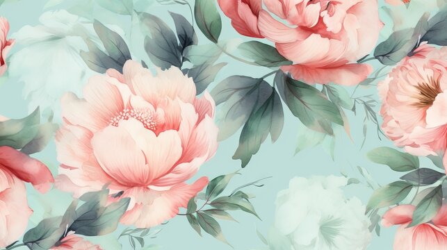  a floral wallpaper with pink flowers on a blue background.  generative ai