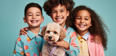 Two beautiful black girls of different age playing with their adorable wire haired Jack Russel terrier puppy at home. Loving sisters with rough coated pup having fun. Background, close up, copy space.