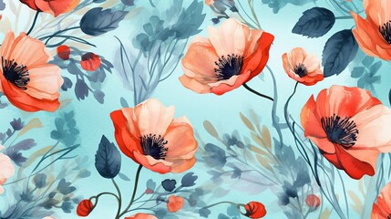  a watercolor painting of red and blue flowers on a blue background.  generative ai