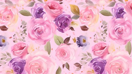  a watercolor painting of pink and purple roses on a pink background.  generative ai