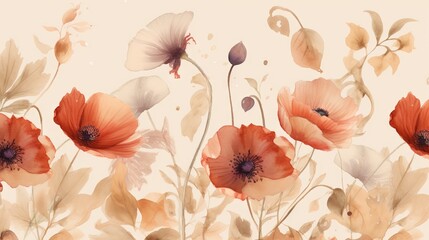  a painting of red and white flowers on a beige background.  generative ai