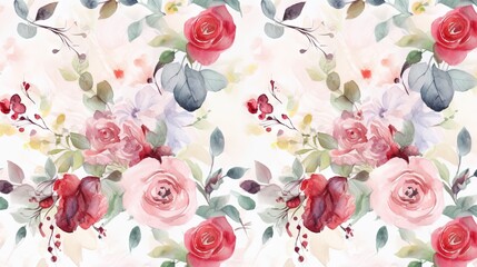 a watercolor painting of red and pink roses on a white background.  generative ai