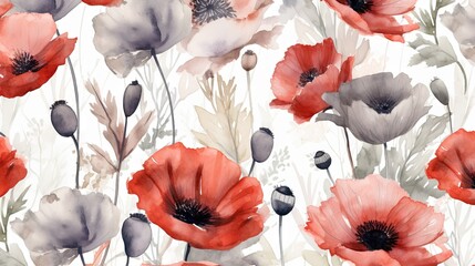  a watercolor painting of red and gray flowers on a white background.  generative ai