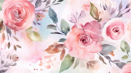  a watercolor painting of pink roses with green leaves on a white background.  generative ai