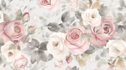  a floral wallpaper with pink and white roses on a gray background.  generative ai