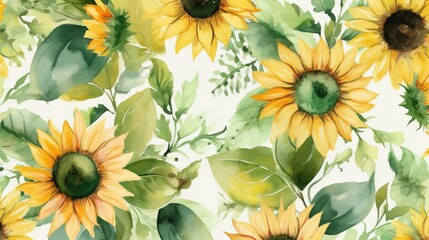  a watercolor painting of sunflowers with green leaves.  generative ai